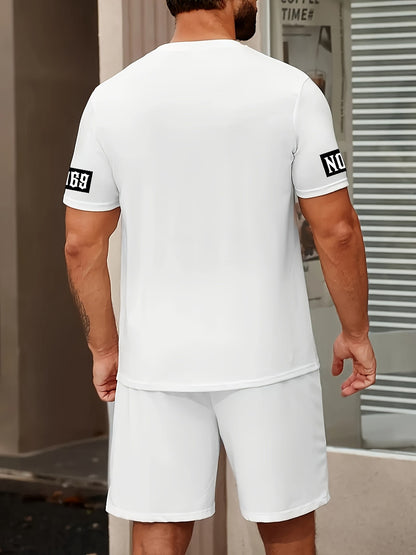 The 2025 summer new men's suit features a casual and fashionable T-shirt with a letter print pattern, short sleeves and shorts,