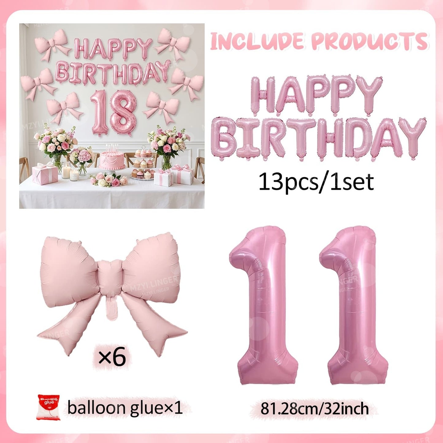 Pink Bow Birthday Balloon Happy Birthday Letter Balloon Used for Wedding, Valentine's Day, Birthday, Proposal Decoration Decor