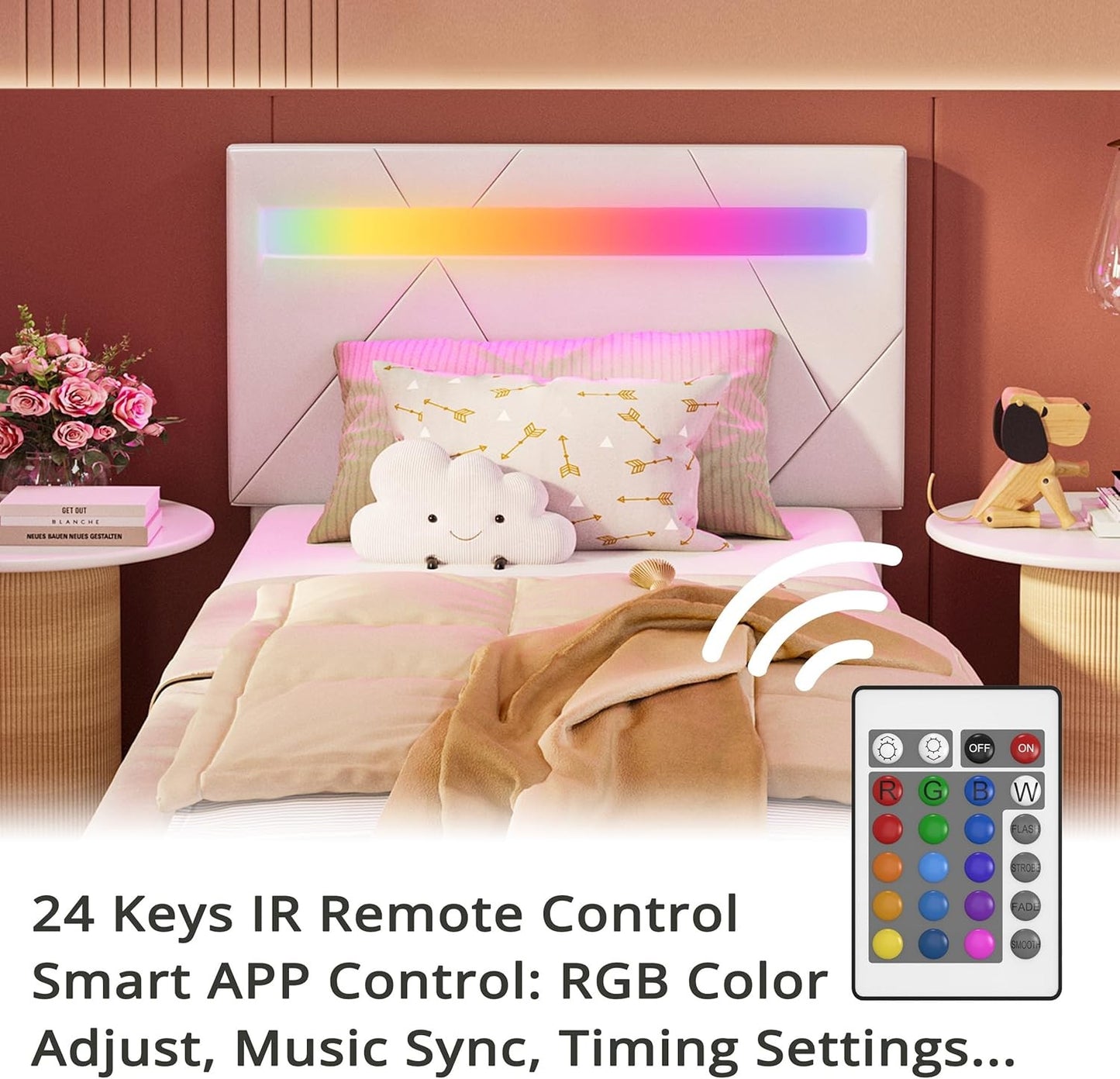 Estrutura de Cama de Solteiro com Luzes LED (Controle via APP Inteligente), Estrutura de Cama Plataforma Moderna Estofada, Não Precisa de Box/Livre de Ruídos