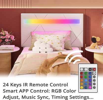 Estrutura de Cama de Solteiro com Luzes LED (Controle via APP Inteligente), Estrutura de Cama Plataforma Moderna Estofada, Não Precisa de Box/Livre de Ruídos