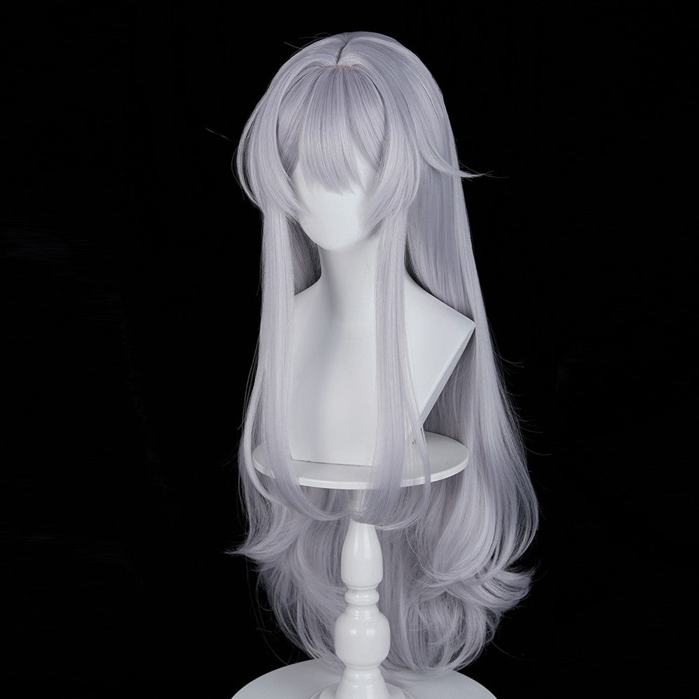 Long Wavy Silver Synthetic Wigs with Bangs Anime Game Cosplay Fluffy Heat Resistant Wig for Daily Party