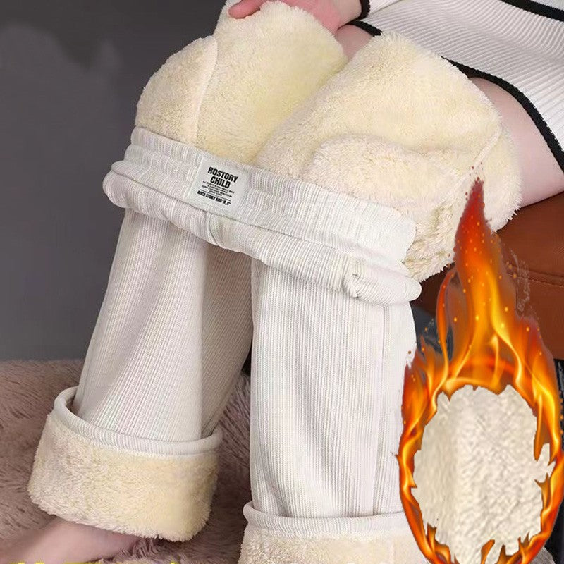 Winter Women Chic Straight Leg Thermal Fleece Pants Girls High Waist Plush Daily Trousers Lady Snow Warm Casual Thin Pants