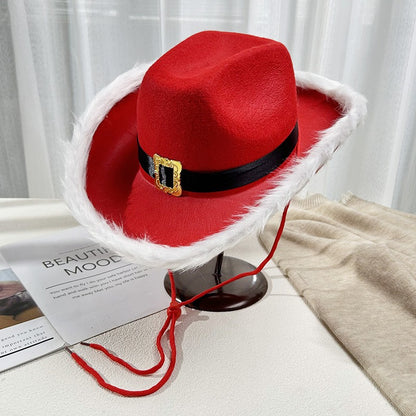 Red Christmas Cowboy Hat with Feather & Gold Buckle, Western Party Hat for Women Men, Floppy French Jazz Cap for Xmas