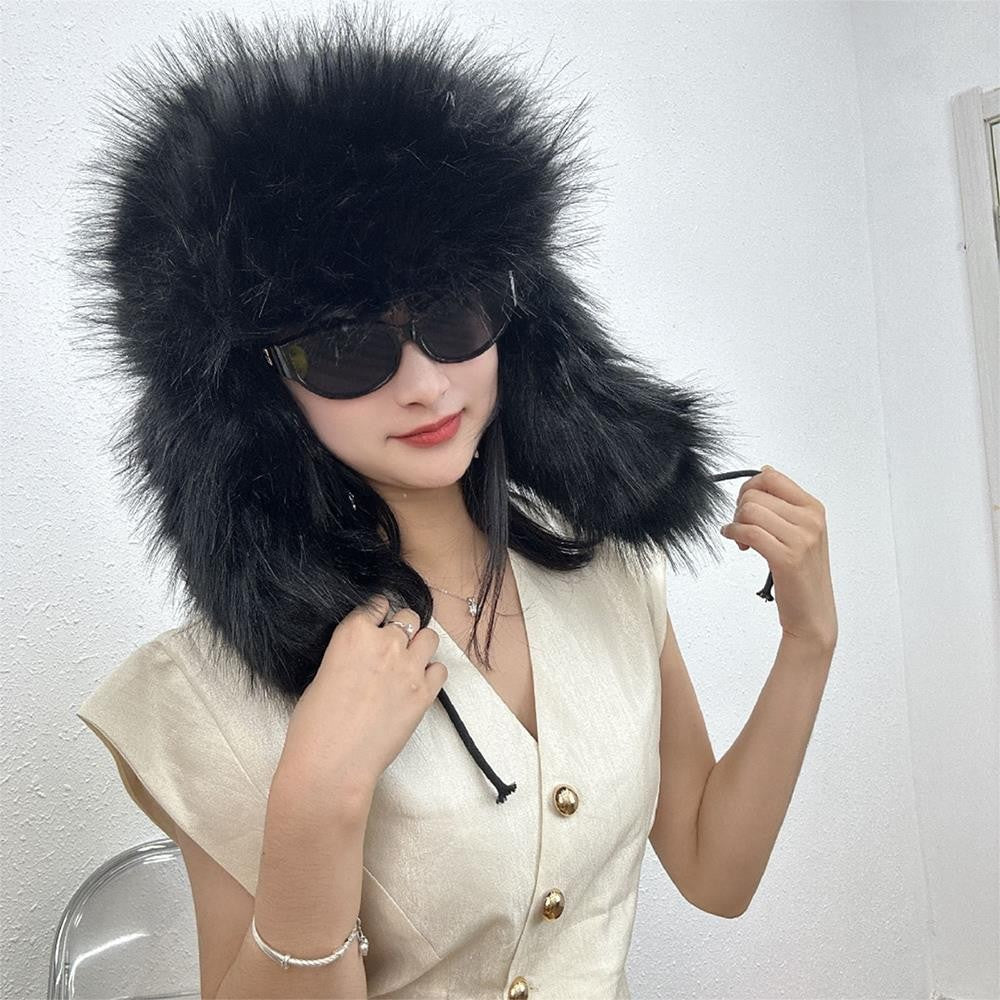 Gorro de inverno russo feminino com proteção de orelha de pele sintética, gorro corta-vento quente para senhoras, moda de luxo, chapéu de esqui de cor sólida com aba larga