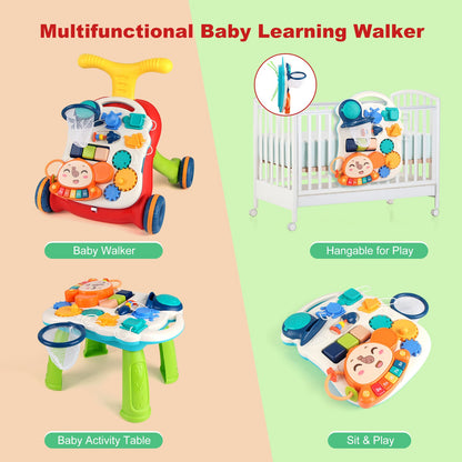 Baby Cartoon Push Walker Toy with Music Drawing Board Multifunction Activity Learning Walk Toddler Walker for 6-15 Months Infant