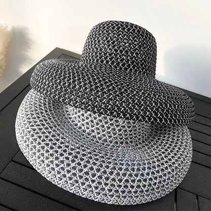 Chapéu de sol de palha de aba larga, chapéu de sol de malha de abajur de seda brilhante de verão, chapéu coco estilo Hepburn francês, chapéu de sol para praia ao ar livre