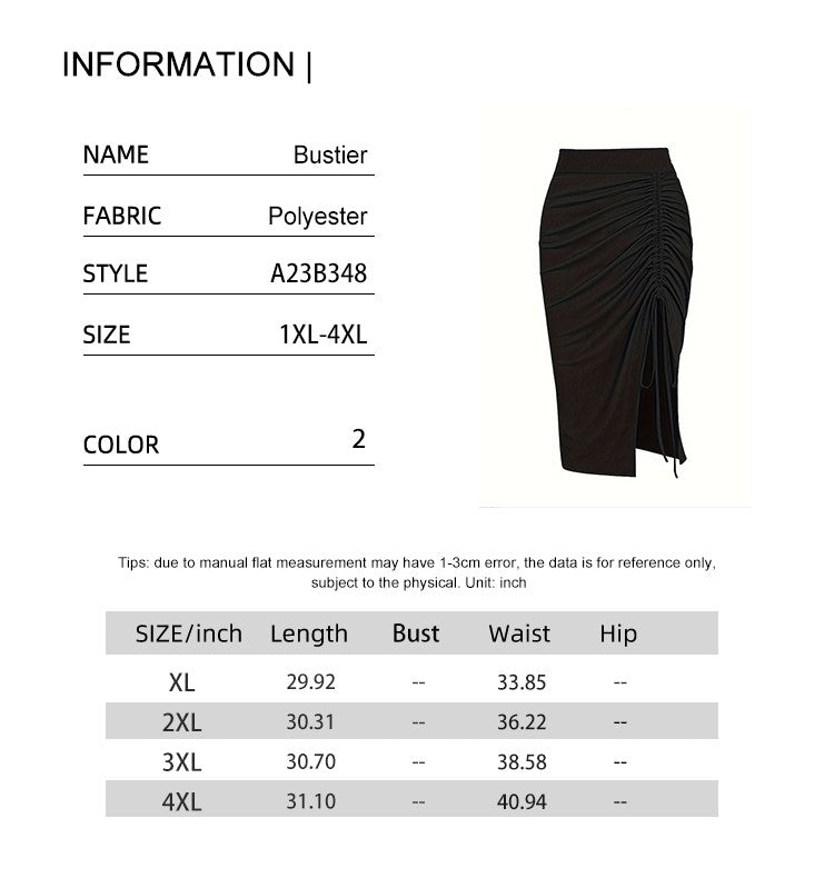 Plus Size 2024 Spring/Summer New  Solid Ruched Drawstring Split Skirt, Casual Bodycon Stretchy Skirt For Spring & Summer, Women