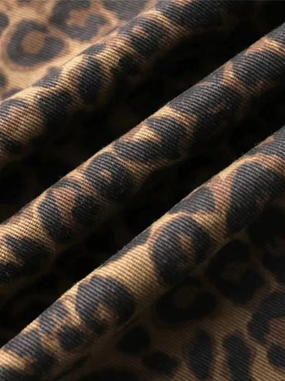 American vintage leopard print jeans female autumn winter new design sense small straight tube overalls casual pants