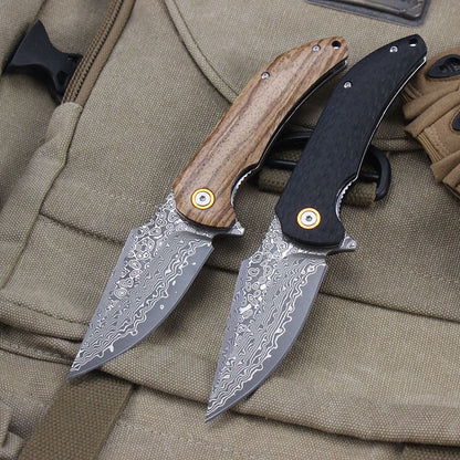 Damascus Pattern Folding Knife Wood Handle Portable Outdoor Self-defense Pocket knife High Hardness EDC Camping Kitchen Knives