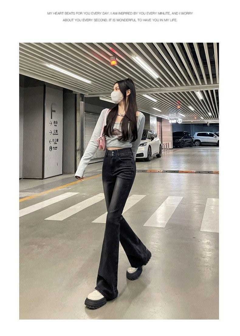 High Waist Fce Lined Thiened Autumn Winter American Bla ey Micro Flared Jeans Women Slimming Legging  Hoof Pants