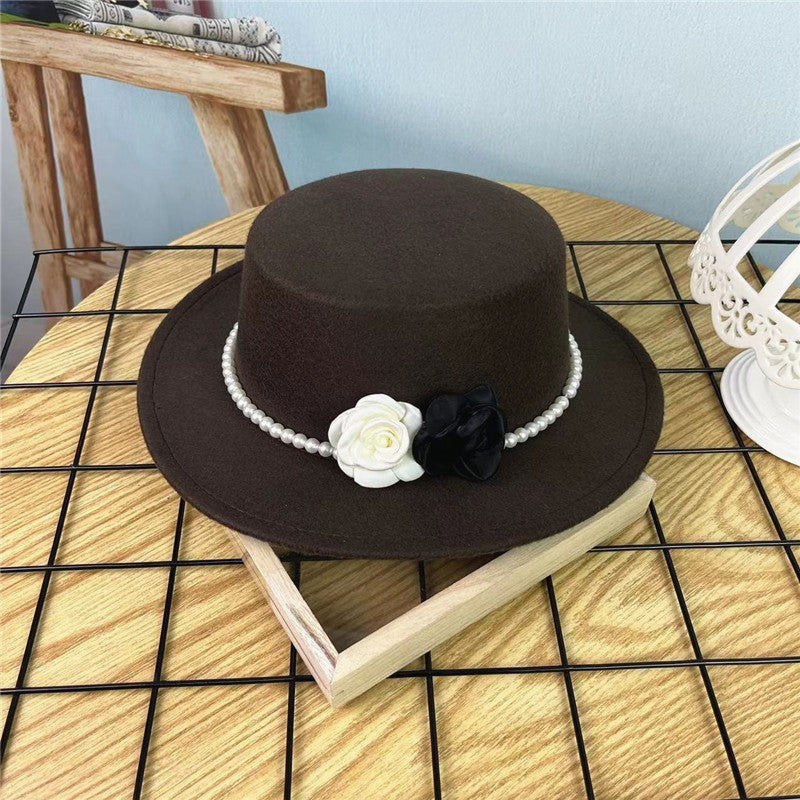 Chapéu Fedora Feminino Corrente Floral Alta Costura com Alfinetes de Pérola Boné em Relevo Preto Branco Outono Inverno Chapéu de Aba Larga para Meninas