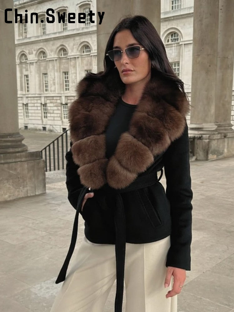 Fashion Fur Patchwork Short Warm Coat Women Lapel Lace Up Long Sleeve Coats Female 2025 Autumn Winter Lady Outwears New