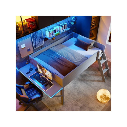 Cama Loft para Jogos de Tamanho Grande com Escrivaninha e Luzes LED, Acabamento Cinza, Design Elegante que Economiza Espaço