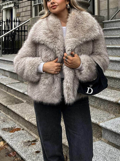 HH Women Fashion Cropped Faux Fur Jacket Coat Long Sleeve Front Snap-button Female Outerwear Chic Lapel Collar Thick Coat