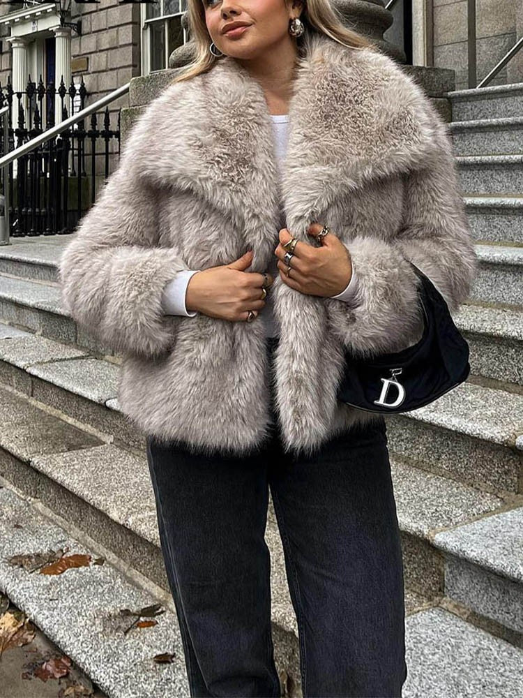 HH Women Fashion Cropped Faux Fur Jacket Coat Long Sleeve Front Snap-button Female Outerwear Chic Lapel Collar Thick Coat