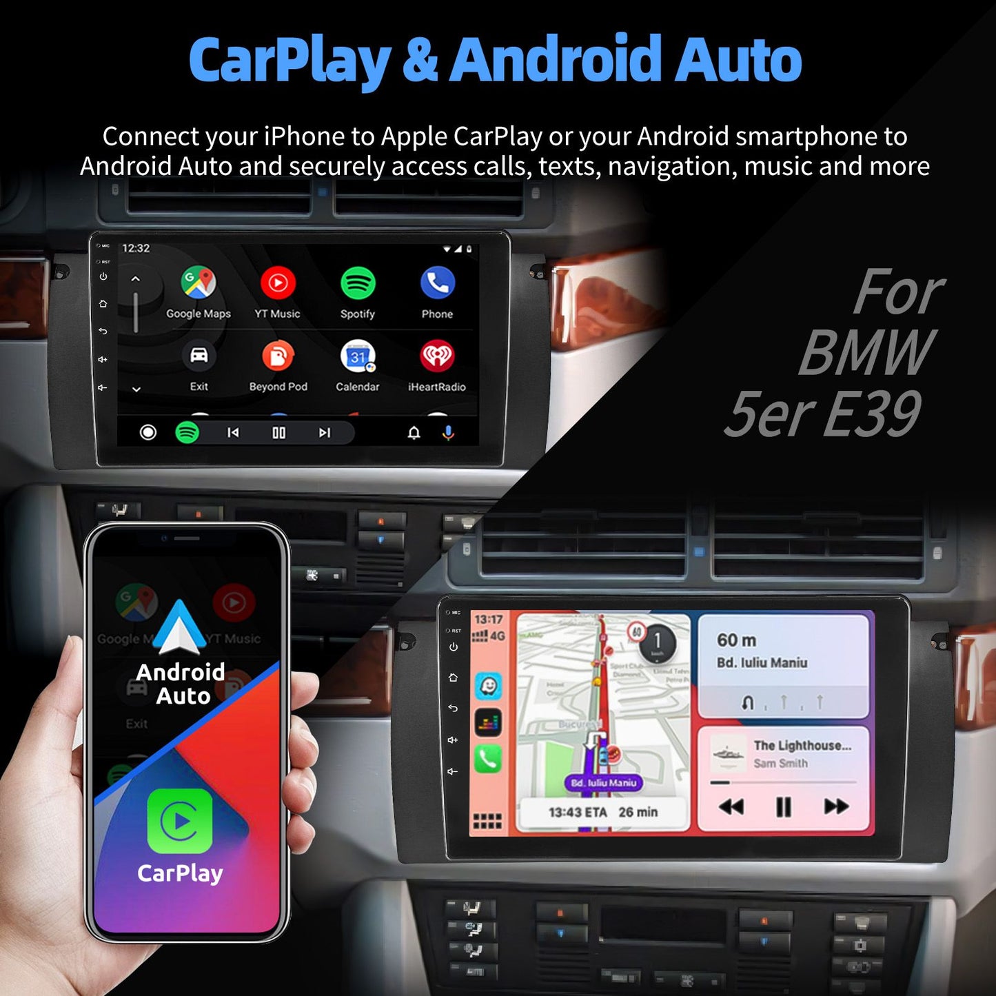 4+64GB For BMW E38 E39 E53 X5 Apple Carplay 9" Android 15.0 Car Stereo Radio Touch Screen GPS Navigation WiFi SWC BT FM+DVR&CAM