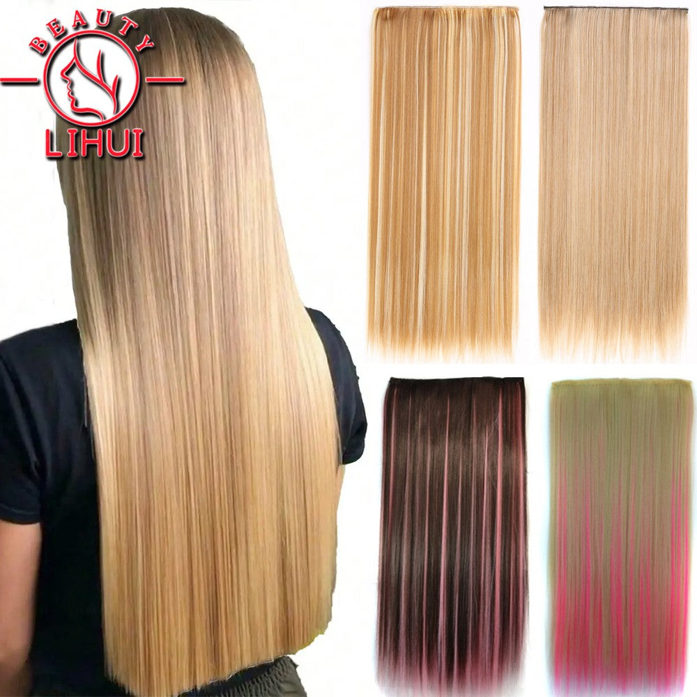 Extensões de cabelo sintéticas com clipe, longas e lisas, com 5 clipes em uma única peça, extensões de cabelo multicoloridas LIHUI