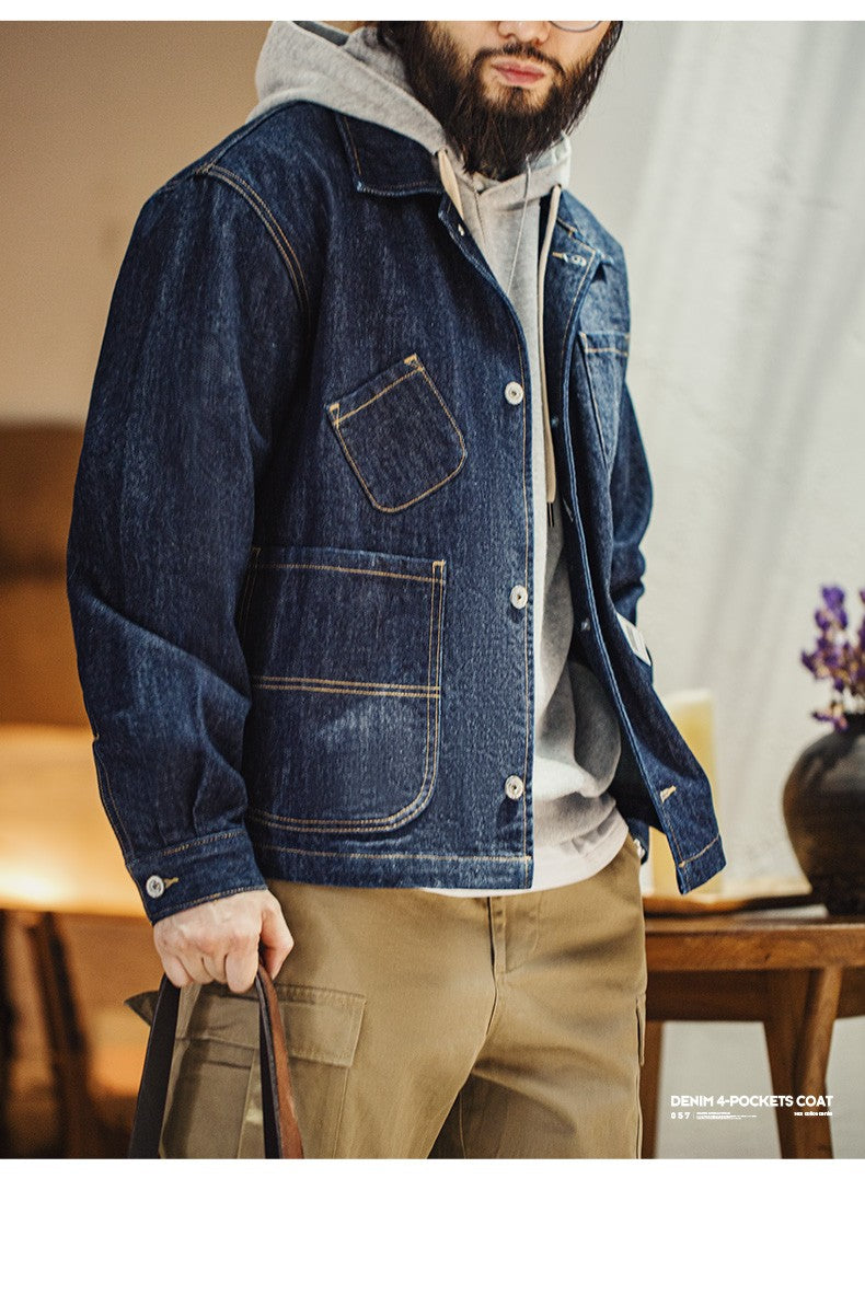 Maden Vintage Asymmetrical Four-pocket Design Denim Coat for Men 14OZ Single-breasted Turn-down Collar Jacket Autumn Work Coat