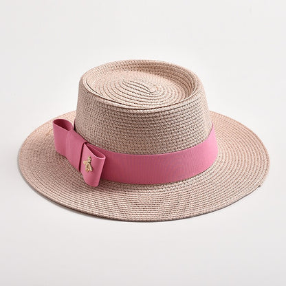 Novos Chapéus de Palha Primavera Verão Femininos de Superfície Ondulada, Topo Reto, Laço, Boné de Vestido, Chapéu de Sol para Viagem e Praia, Gorra