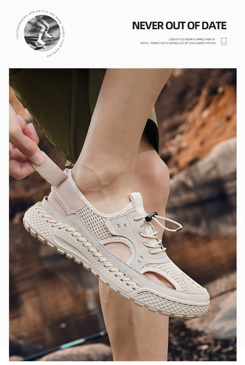 Sandals men's tide summer new style leather toe cap outdoor leisure sports hollow sandals beach shoes Handmade mesh men shoes