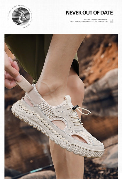 Sandals men's tide summer new style leather toe cap outdoor leisure sports hollow sandals beach shoes Handmade mesh men shoes