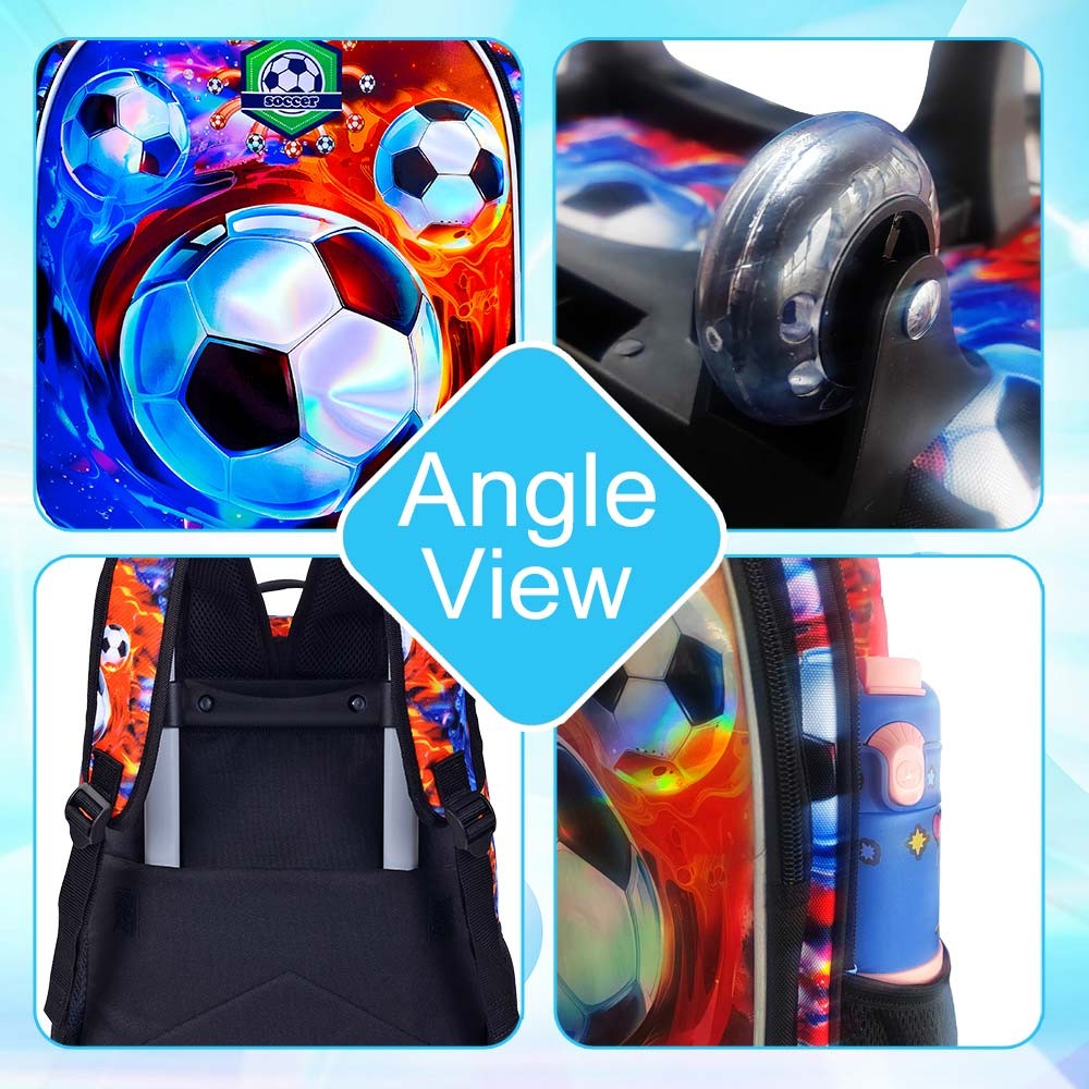 Mochila de rodinhas 3 peças para meninos, mochila com rodinhas para crianças, mochila escolar com rodinhas e lancheira - futebol