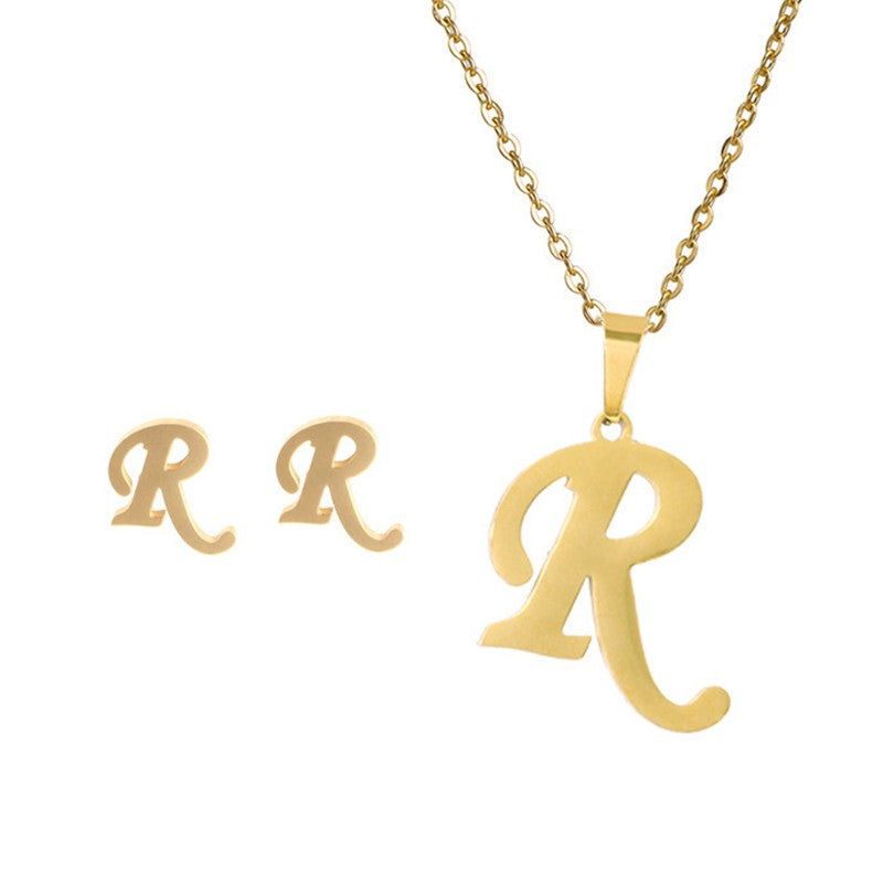 Conjunto Feminino de Colar e Brincos de Aço Inoxidável com Letra Inicial do Alfabeto A-Z - Joias Personalizadas de 26 Letras Inglesas - Presente