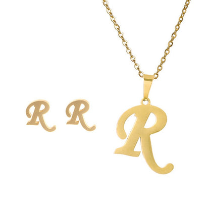 Conjunto Feminino de Colar e Brincos de Aço Inoxidável com Letra Inicial do Alfabeto A-Z - Joias Personalizadas de 26 Letras Inglesas - Presente