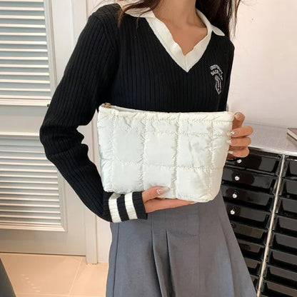 Cotton Filled Puffer Pouch Large Capacity Storage Purse Puffer Padded Makeup Bag Sewn Waterproof Thick Plaid Clutch Bag Daily