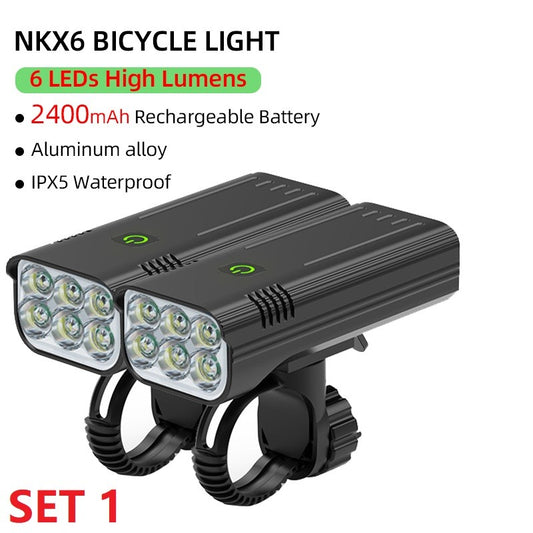 NATFIRE 2 Pcs Bike Light USB Rechargeable 3600LM Bike Headlight 6*LED Super Bright Flashlight Front Lights and Color Rear light