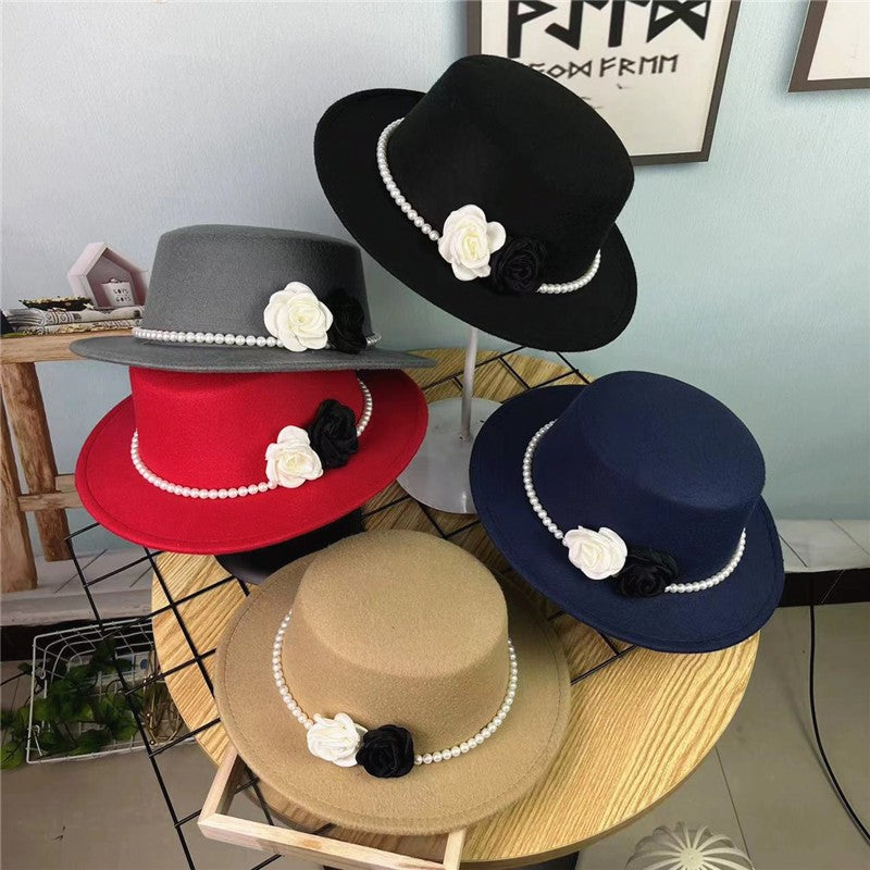 Chapéu Fedora Feminino Corrente Floral Alta Costura com Alfinetes de Pérola Boné em Relevo Preto Branco Outono Inverno Chapéu de Aba Larga para Meninas