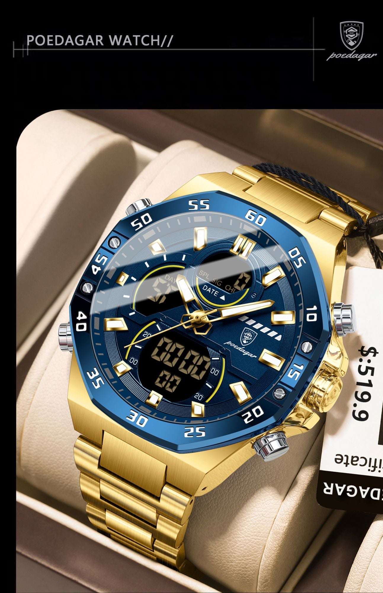 POEDAGAR Top Sport Men Clock LED Luminous Waterproof Week Date Man Watch Electronic Stainless Steel Fashion Quartz Men's Watches