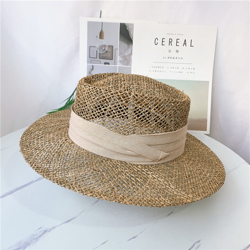 Chapéu de Palha Feminino de Verão Chapéu de Sol Luxuoso Feminino Chapéu de Praia de Proteção Solar da Moda Chapéu Panamá Francês Chapéu Raff de Aba Larga com Topo Abaulado