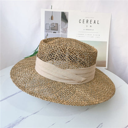 Chapéu de Palha Feminino de Verão Chapéu de Sol Luxuoso Feminino Chapéu de Praia de Proteção Solar da Moda Chapéu Panamá Francês Chapéu Raff de Aba Larga com Topo Abaulado