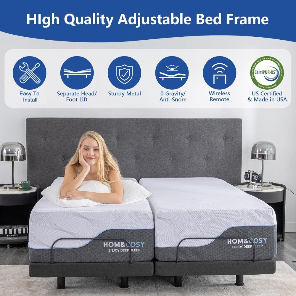 Twin XL Adjustable Bed Base with Mattress, 12 Inch White Gel Memory Foam Medium-Firm Mattress in Box, Adjustable Bed Frame