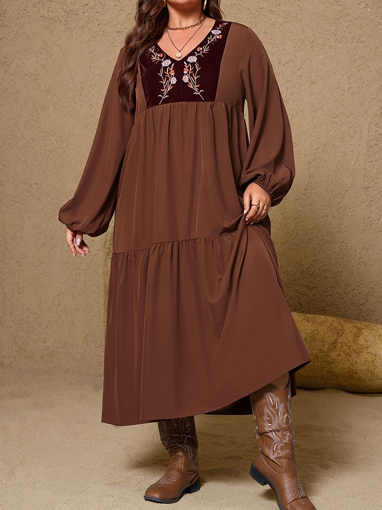 New Plus Size Women's Retro Floral Print V-Neck Maxi Dress Lantern Sleeves Ruffle Hem Loose Dress Elegant Holiday Party Dress