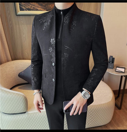 Men's New Chinese Stand Collar Blazer Jacket 2025 Fashion Elegant Printed Slim Fit Business Suits Jacket Tailcoat Men Clothing