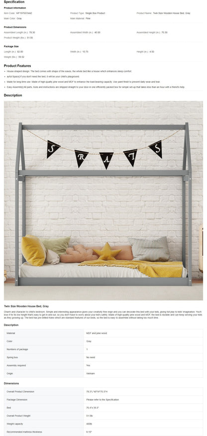 **Title:** Gray Twin Wooden House Bed for Kids - Stylish & Functional Design with Roof, Perfect for Sleeping & Playtime!