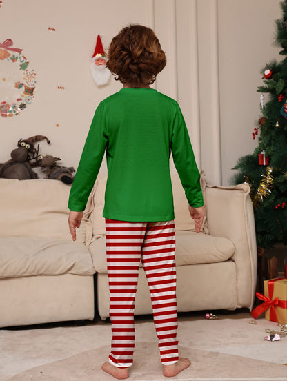 Merry Christmas Kids Matching Pajamas Elf "Happy HoHoHo" Green Top Red White Striped Sleepwear