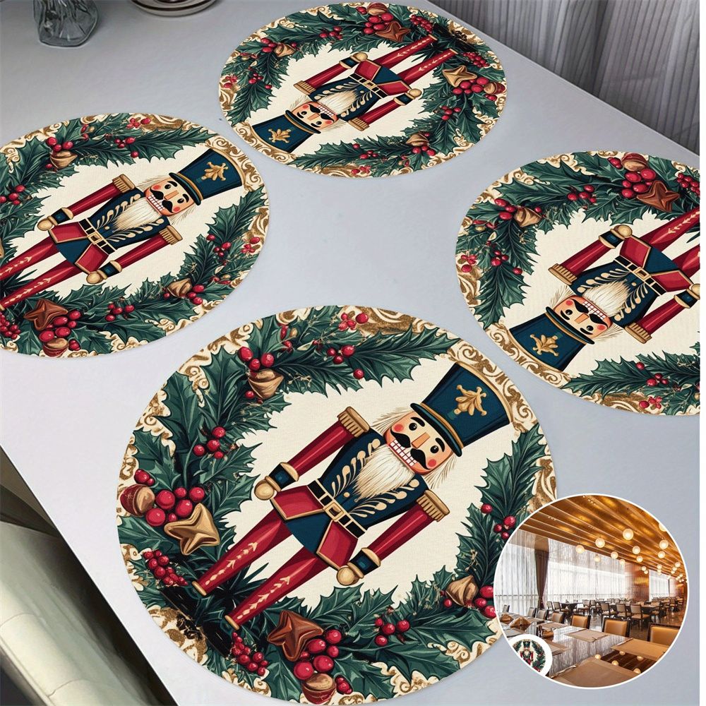 4PCS Christmas Circular Waves Placemats Non Slip Heat Resistant Table Mats Winter Dining Party Christmas Decor Round Tablecloth