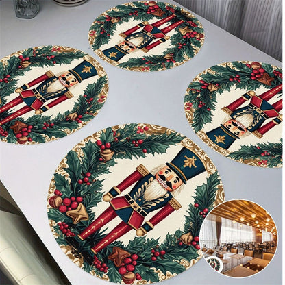 4PCS Christmas Circular Waves Placemats Non Slip Heat Resistant Table Mats Winter Dining Party Christmas Decor Round Tablecloth