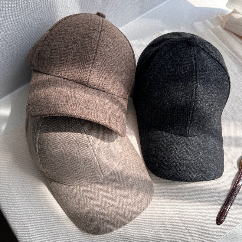 Stylish Wool Herringbone Baseball Cap for Men & Women, Thick Hard Top, Small Face