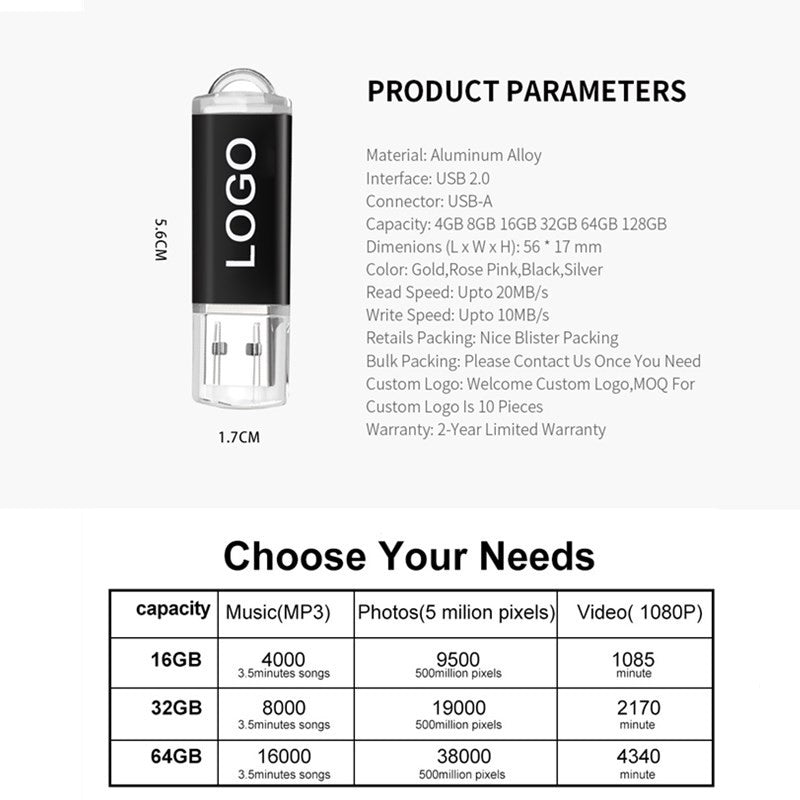 50 peças/lote USB 2.0 Flash Drive Original 1GB 2GB 4GB 8GB Pen Drive 16GB 32GB USB Sticks 64GB Memory Flash Disk 128MB Logo Grátis
