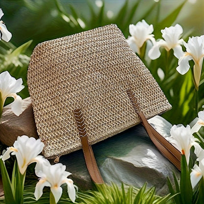 Fashionable and Versatile Women's Woven Bag with Zipper for Travel, Large Capacity Beach Bag, Handbag