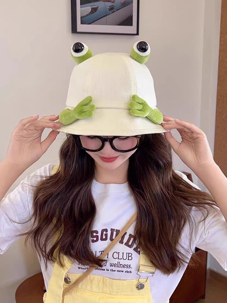2024 New Cute Big Eyes Frog Bucket Hats Outdoor Foldable Sun Fishing Cap Women Lady Summer Cotton Wild Panama Hats