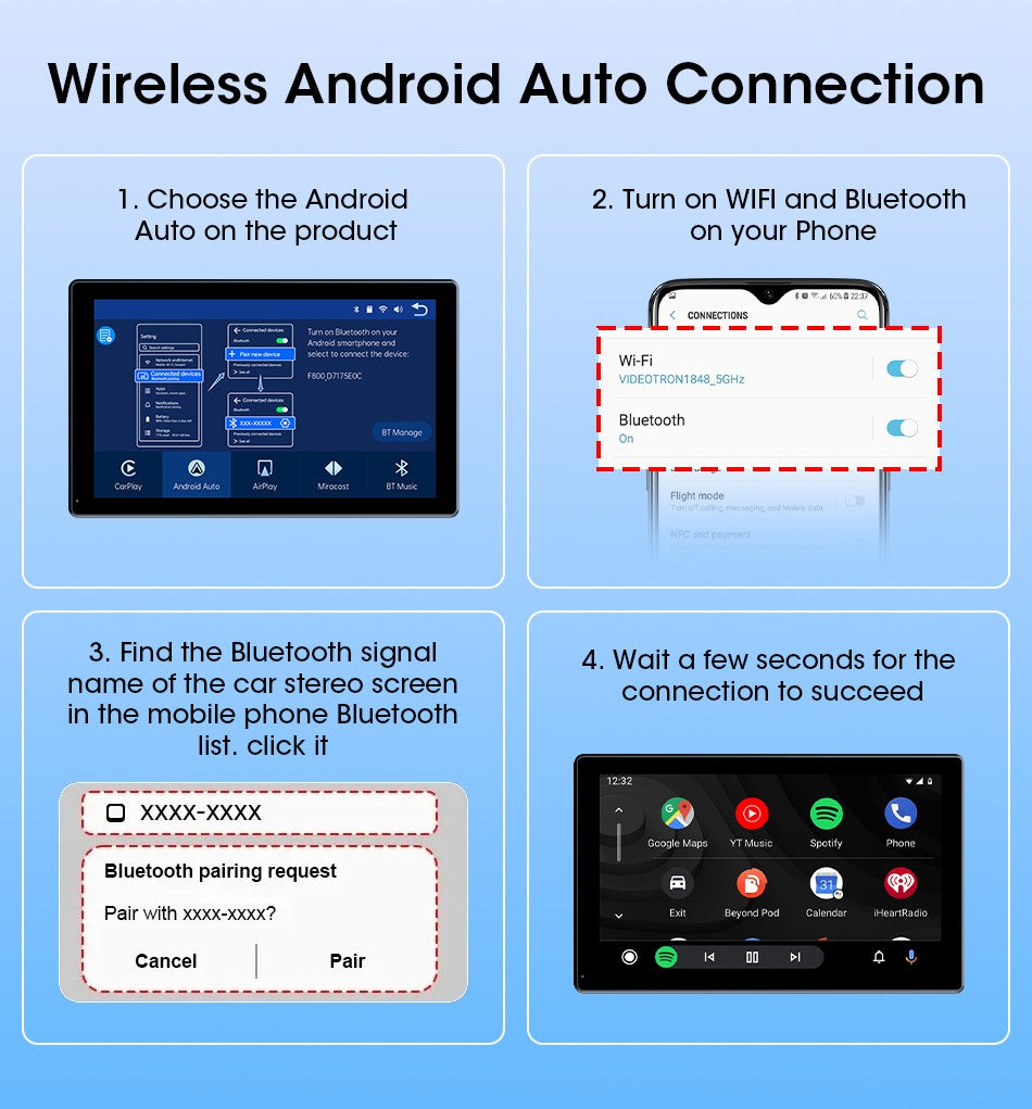 Suporte de 7/8/9'' Orientação e Espelho Retrovisor de Carro com Rádio CarPlay Sem Fio Android Auto Multimídia de Vídeo Tela Universal
