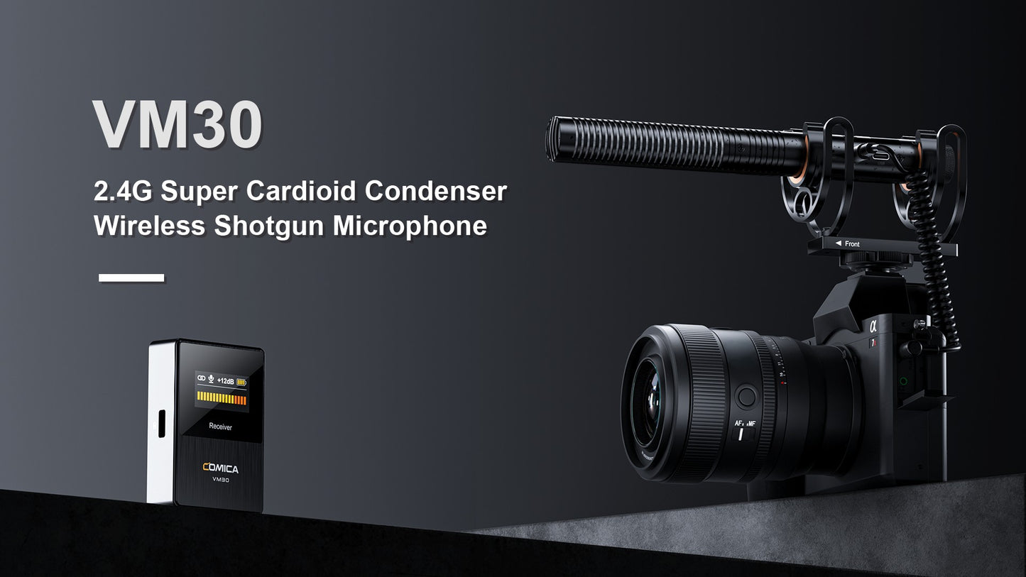 Comica VM30 2.4G Microfone Shotgun Sem Fio Supercardioide Microfone On-camera com Controle de Ganho para Câmera, Smartphone, Computador