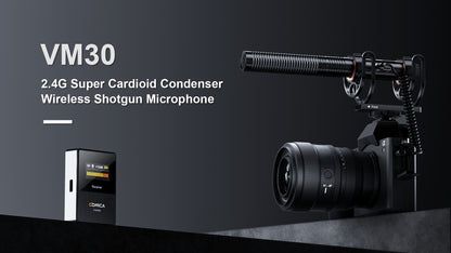 Comica VM30 2.4G Microfone Shotgun Sem Fio Supercardioide Microfone On-camera com Controle de Ganho para Câmera, Smartphone, Computador