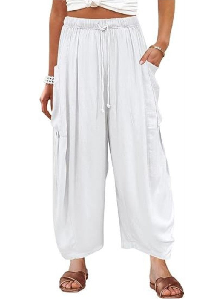 Women's Stretched-waist Pleated High-waisted Wide-leg Trousers Spring Autumn Fashion Cotton Linen Pocket Casual Trousers Woman