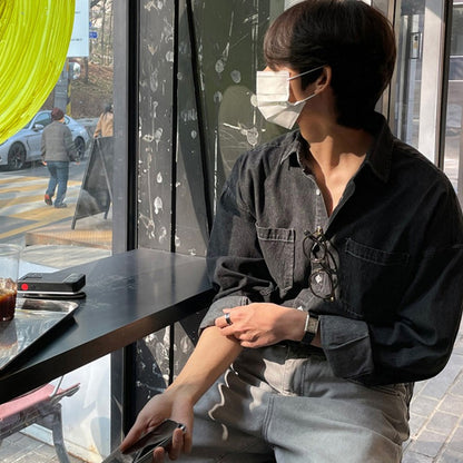 Spring Clothing Men's Denim Long-sleeved Pocket Shirt Casual Korean Turn down Button Streetwear Light Luxury Stylish 2025 New